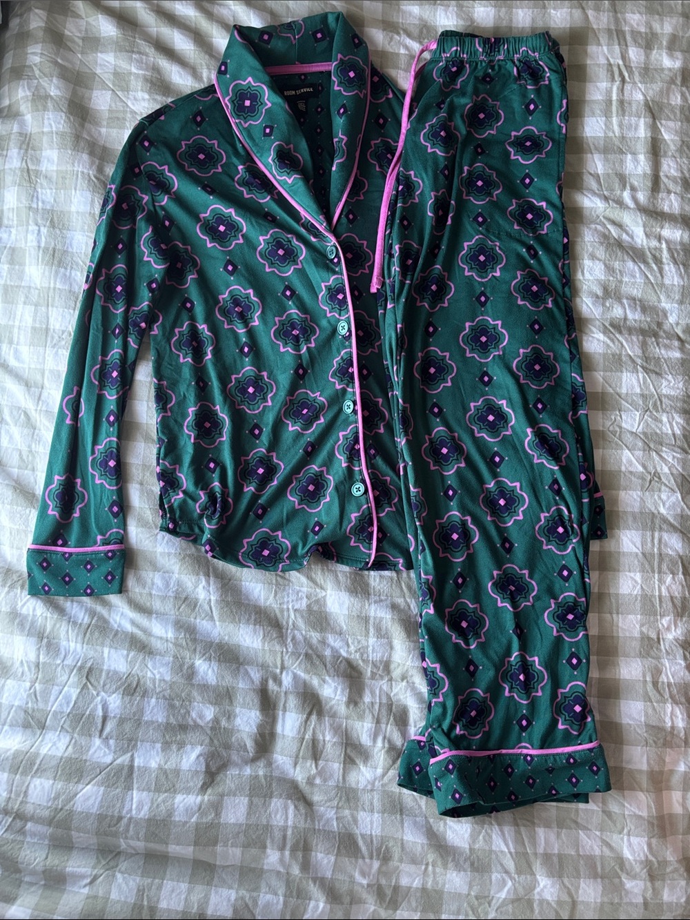 Women's Green Floral-Print Pajama Set with Pink Trim by J.Crew